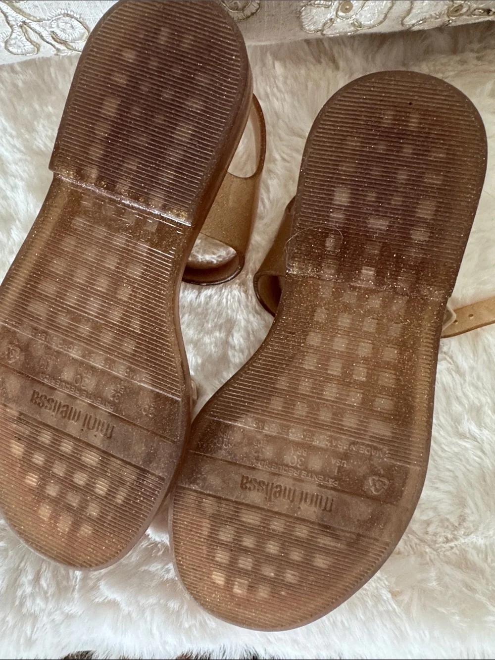 Mini Melissa Girls' Bow Sandals in Nude Gold/Beige with Glitter Straps